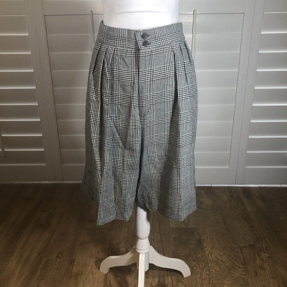 Vtg High Waisted Black White Long Shorts 14 Gouchos Pleated Herringbone Pockets